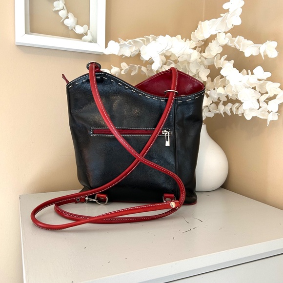 VERA PELLE Made in Italy Black and Red Leather Backpack with Convertible Straps - Picture 5 of 17